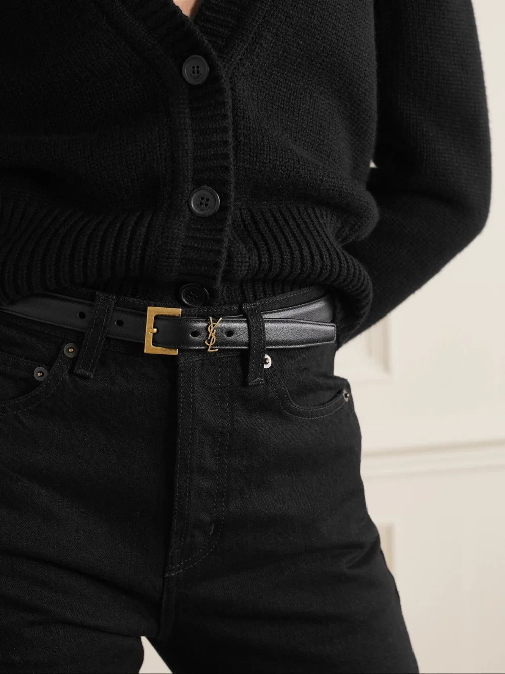 Brand New! YSL Saint Laurent CASSANDRE Thin Belt Smooth Leather BLACK Calfskin - Picture 1 of 14